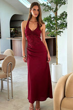 Lace Halter Ruched Satin Formal Dress