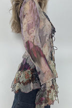 Vintage Tie Dye Ruffle Lace Up Mesh Flare Sleeve Blouse
