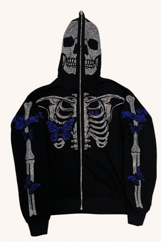 Gothic Skull Skeleton Full Face Zip-Up Hoodie