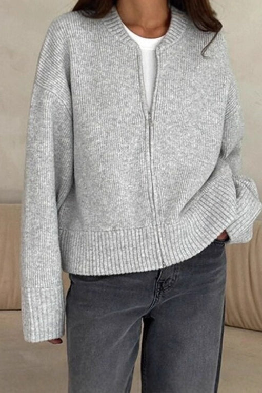 Casual Solid Color Zip-Up Loose Fit Knit Sweater Secondary image