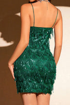 Sequin Fringe Trim Spaghetti Strap Party Dress S / Green