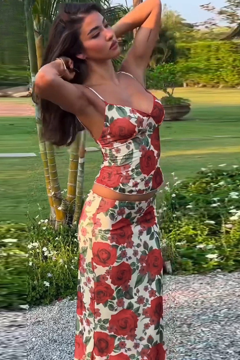 V Neck Floral Print Bodycon Maxi Skirt Set