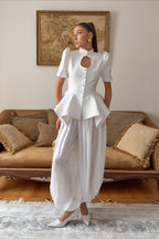 Keyhole Puff Sleeve Asymmetric Peplum Blouse