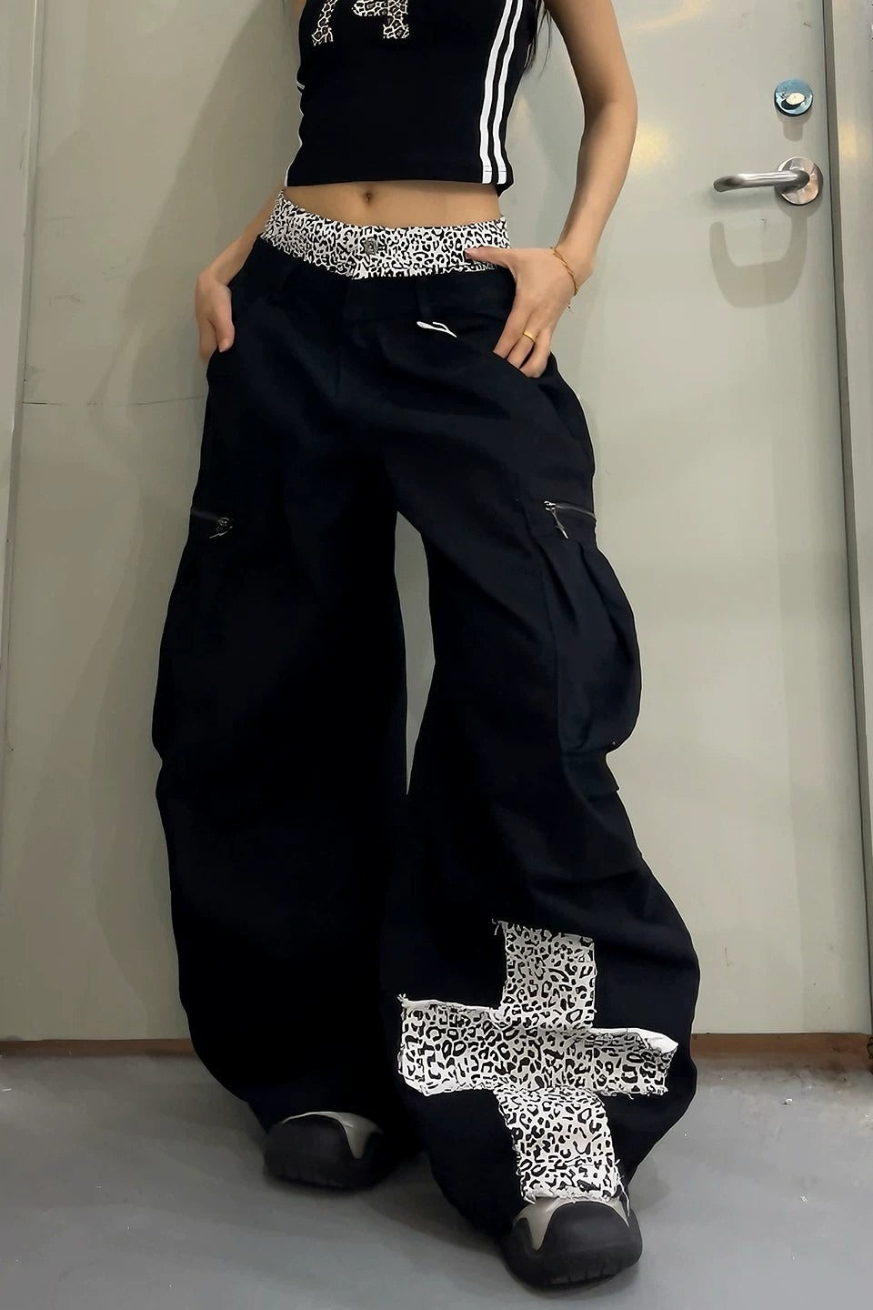 Leopard Waist Cross Patch Wide Leg Cargo Pants
