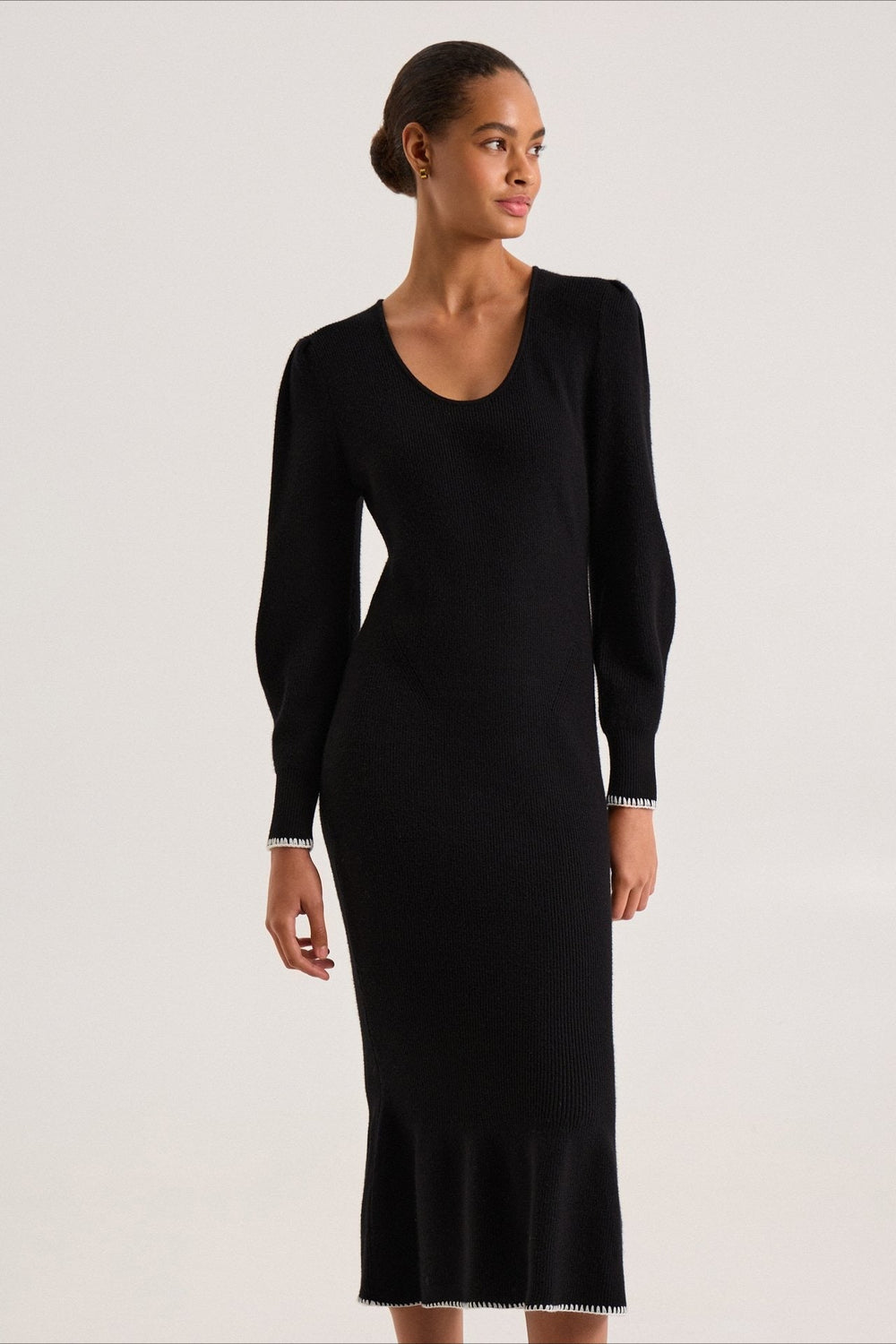 Contrast Trim Ruffle Sweater Dress