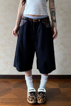 Plaid Pocket Denim Bermuda Jeans