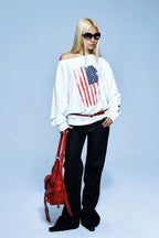 Distressed Flag Off Shoulder Sweatshirt