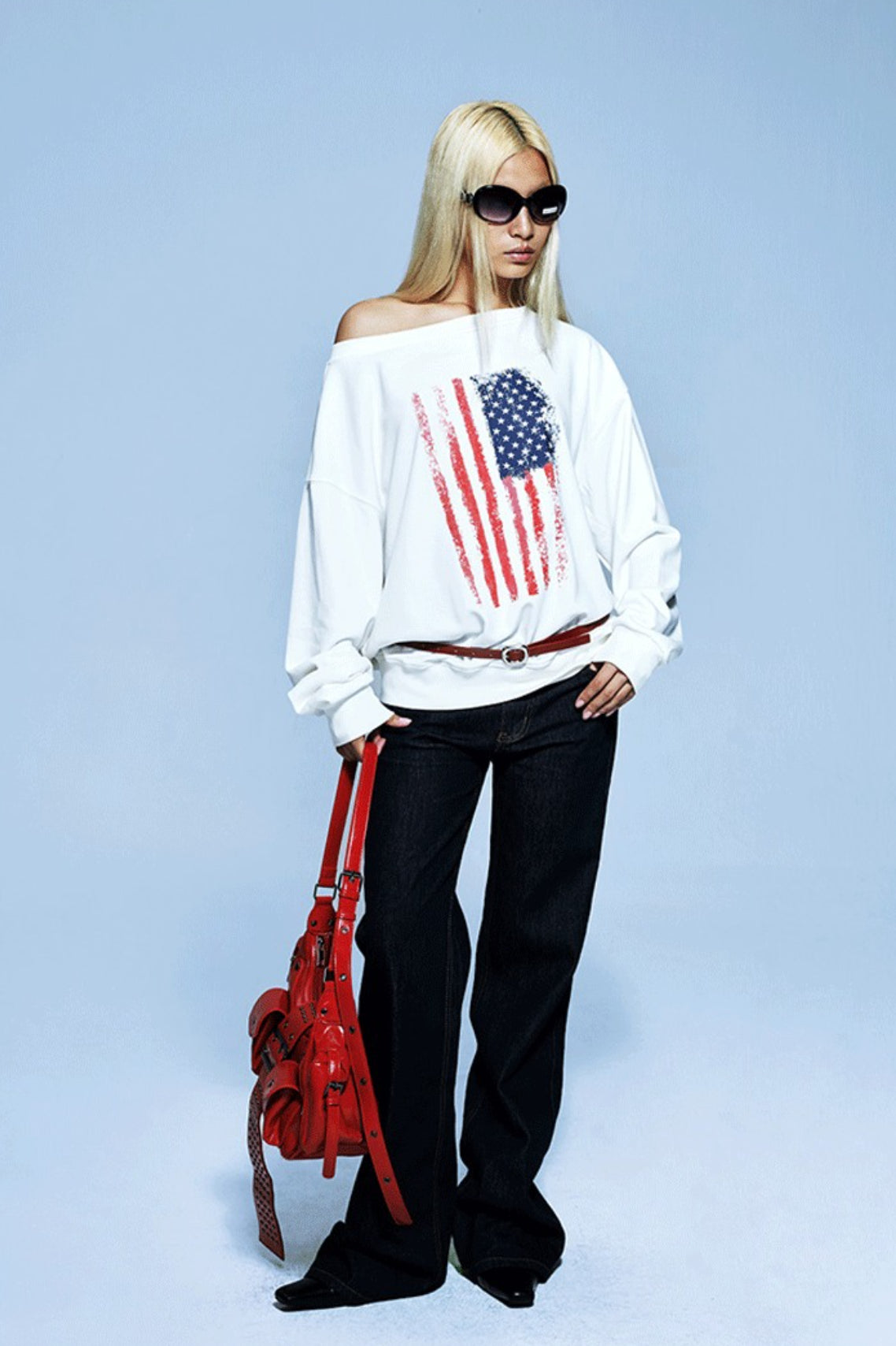 Distressed Flag Off Shoulder Sweatshirt