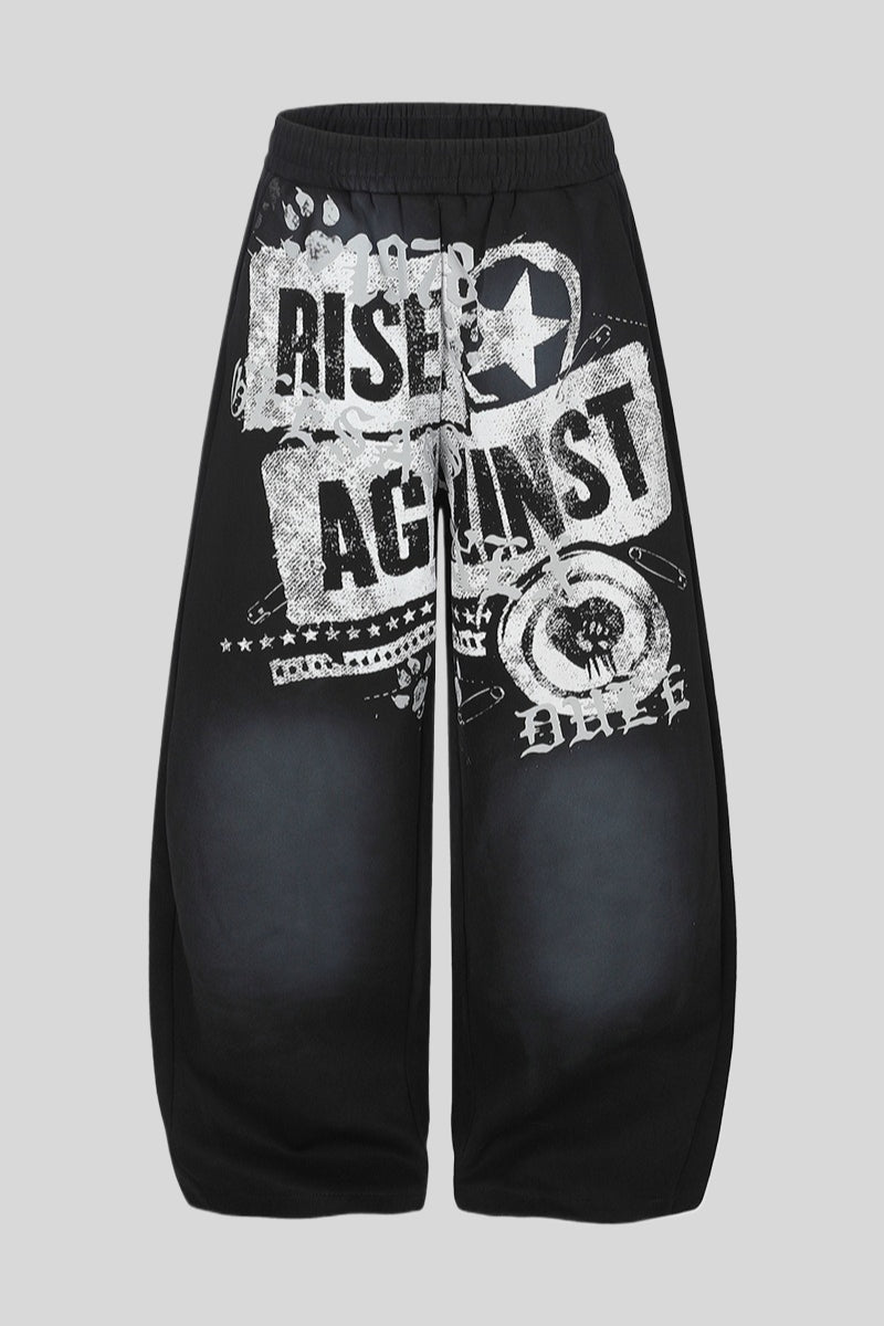 Distressed Typography Barrel Leg Pants