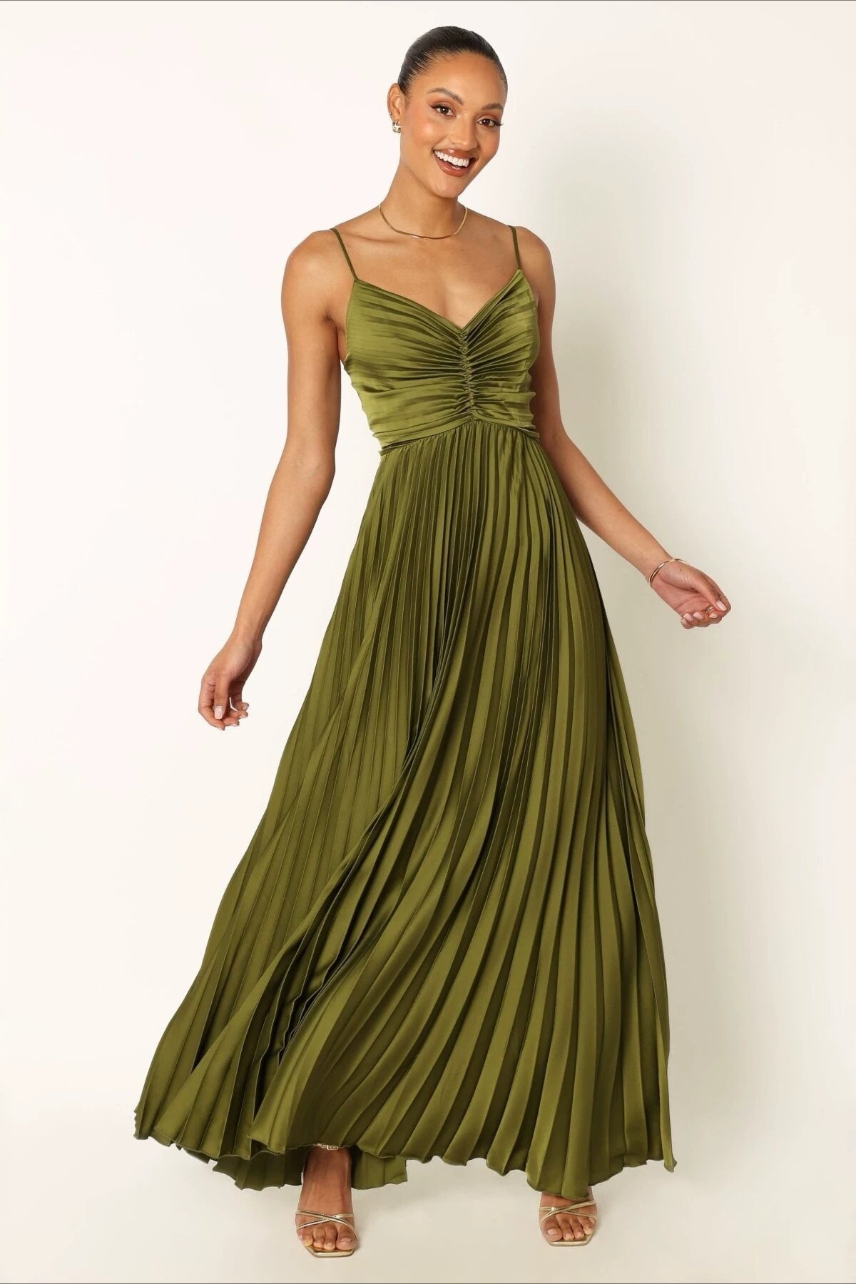 Pleated Satin Spaghetti Strap Formal Dress