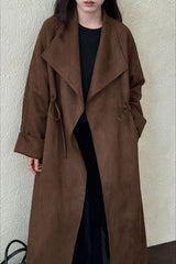 Drawstring Notch Collar Long Relaxed Overcoat