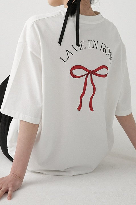 Cotton Bow Print Minimalist Short Sleeve Tee Main image