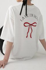 Cotton Bow Print Minimalist Short Sleeve Tee