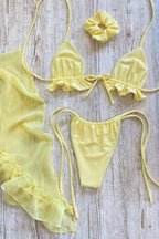 Ruffle Halter Tie Mesh Ruched Three Piece Swim Set