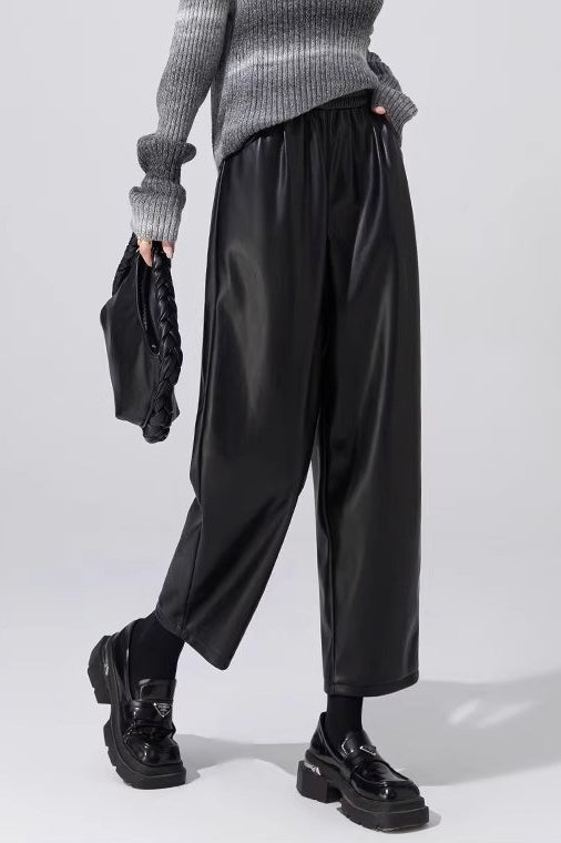 Slim PU Leather Elastic Waist Straight Pants Secondary image