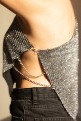 Metallic Mesh Rhinestone Off Shoulder Tank Top