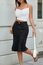 Stretch Panel Flared Mermaid Midi Denim Skirt
