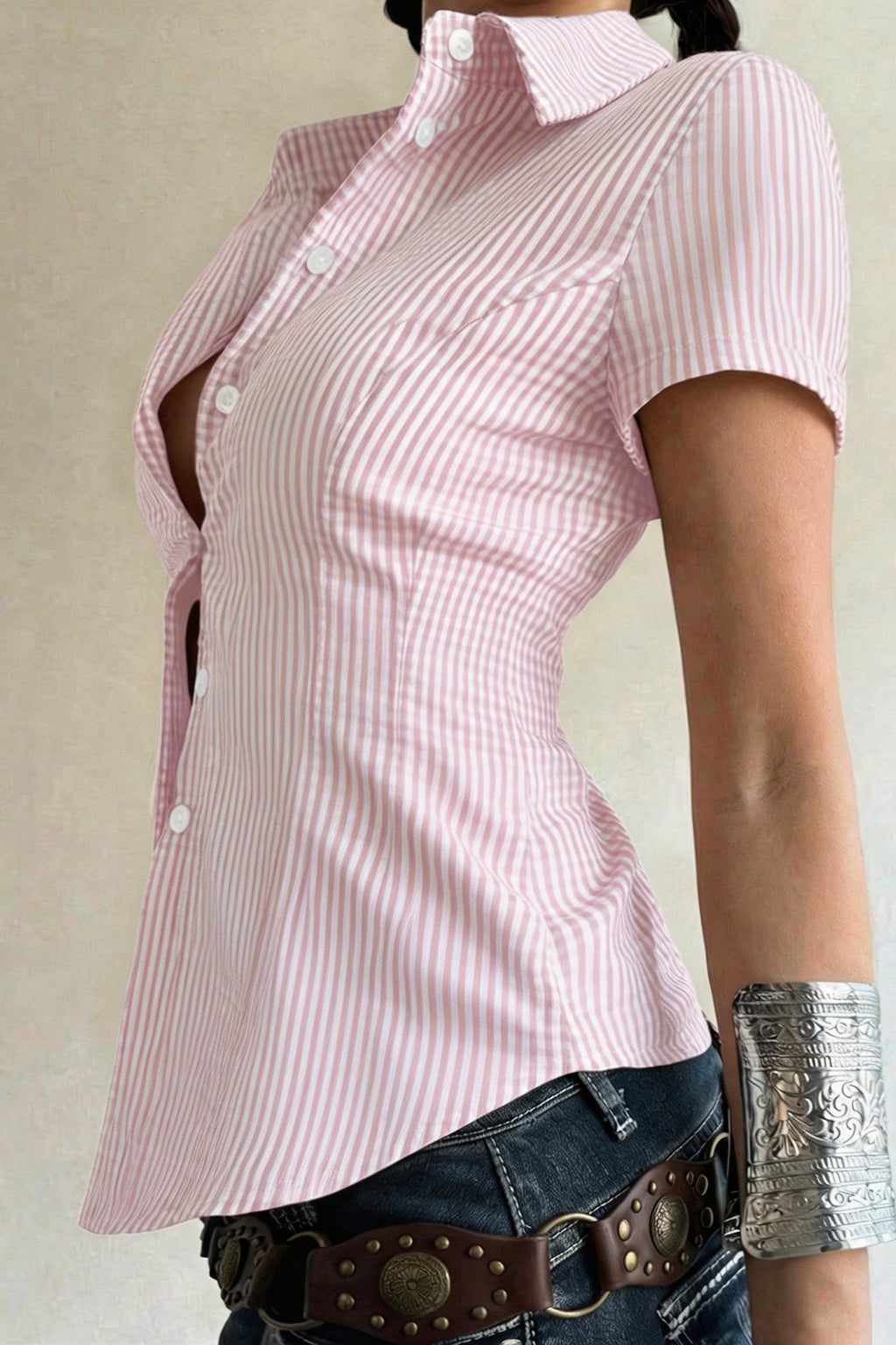 Pink White Vertical Stripe Cinched Waist Blouse