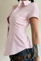 Pink White Vertical Stripe Cinched Waist Blouse