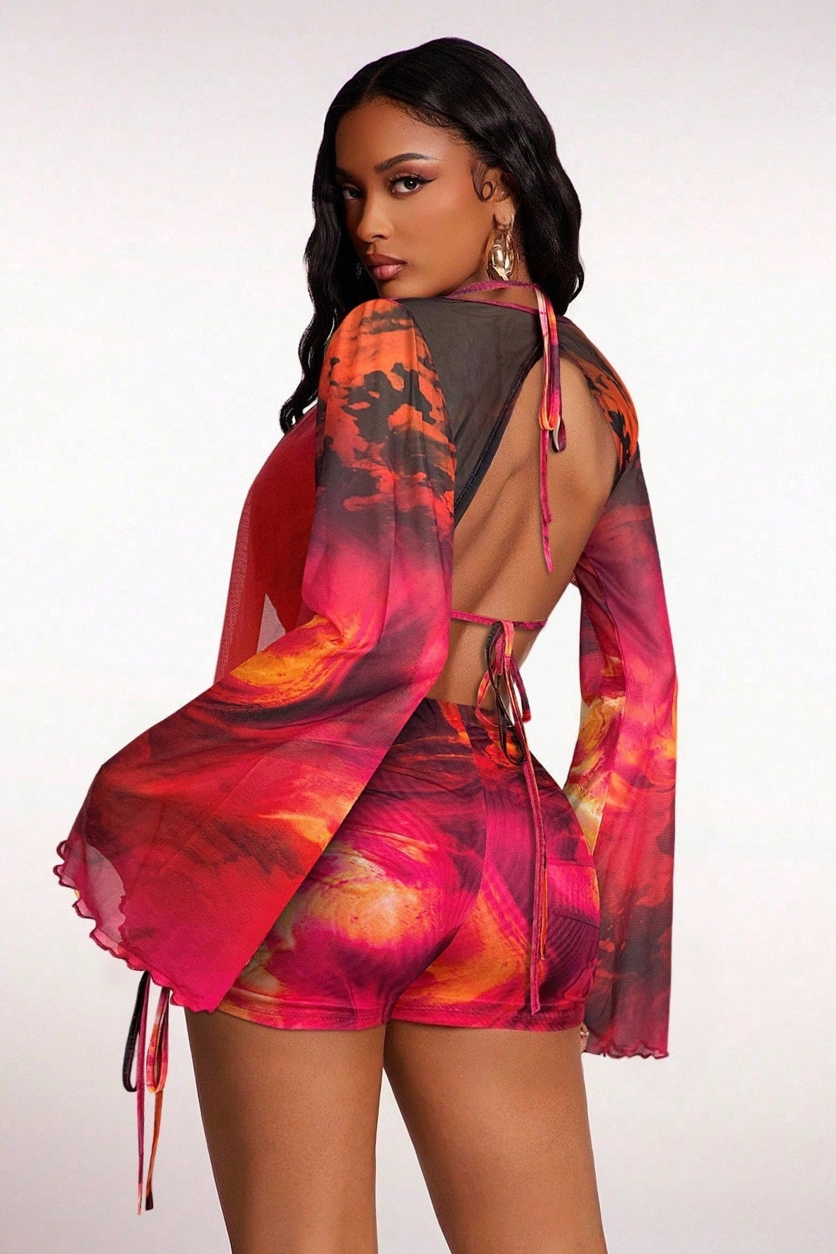 Artistic Print Tie Mesh Three Piece Swim Set