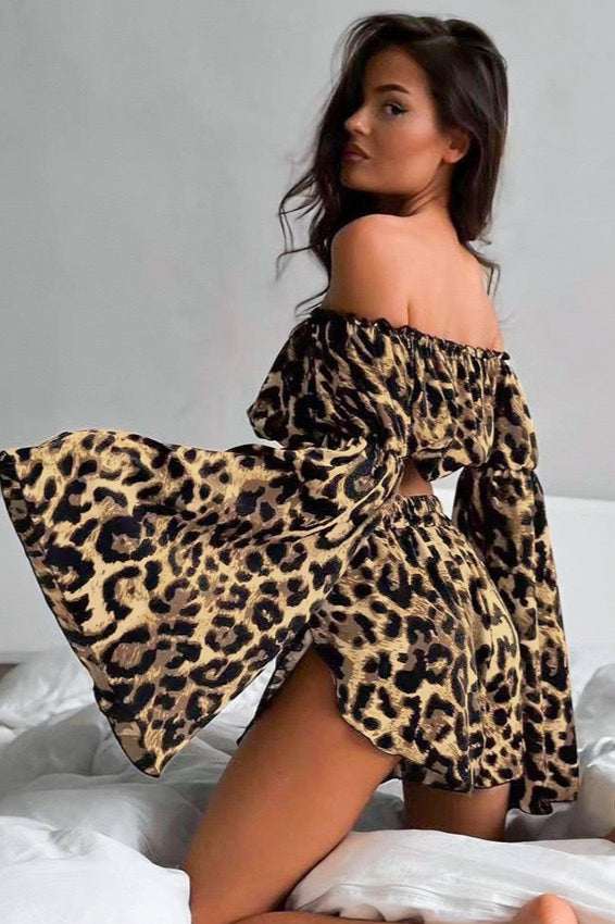 Off Shoulder Flared Long Sleeve Leopard Crop Top Shorts Set Secondary image