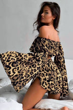 Off Shoulder Flared Long Sleeve Leopard Crop Top Shorts Set