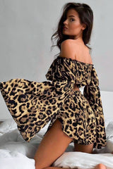 Off Shoulder Flared Long Sleeve Leopard Crop Top Shorts Set