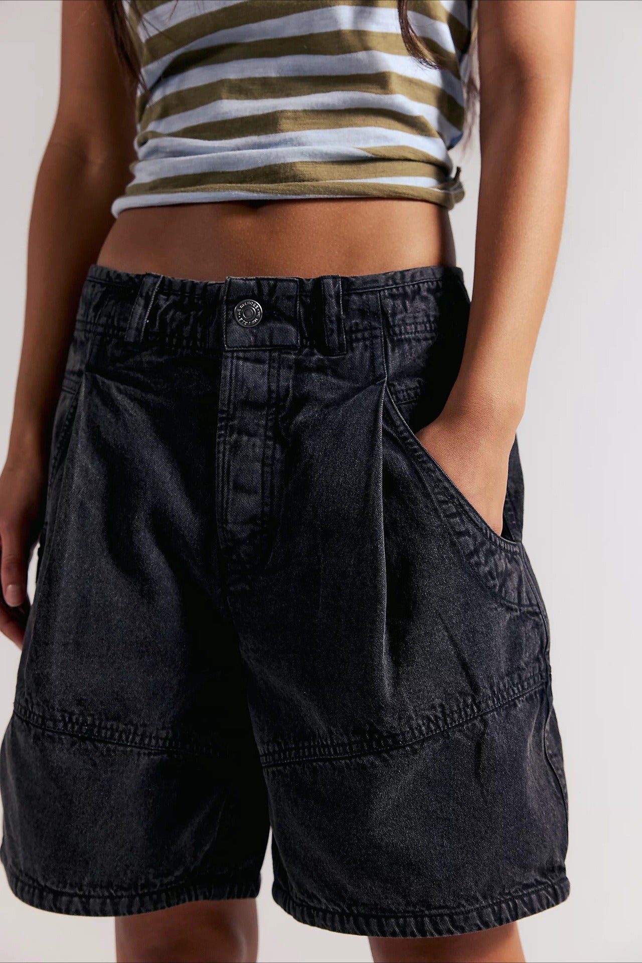 Utility Pockets Washed Denim Bermuda Shorts