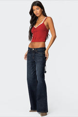 Faux Two Piece Bow Lace Sweet Crop Top