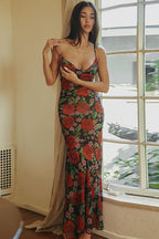 V Neck Printed Strap Slim Maxi Floral Dress