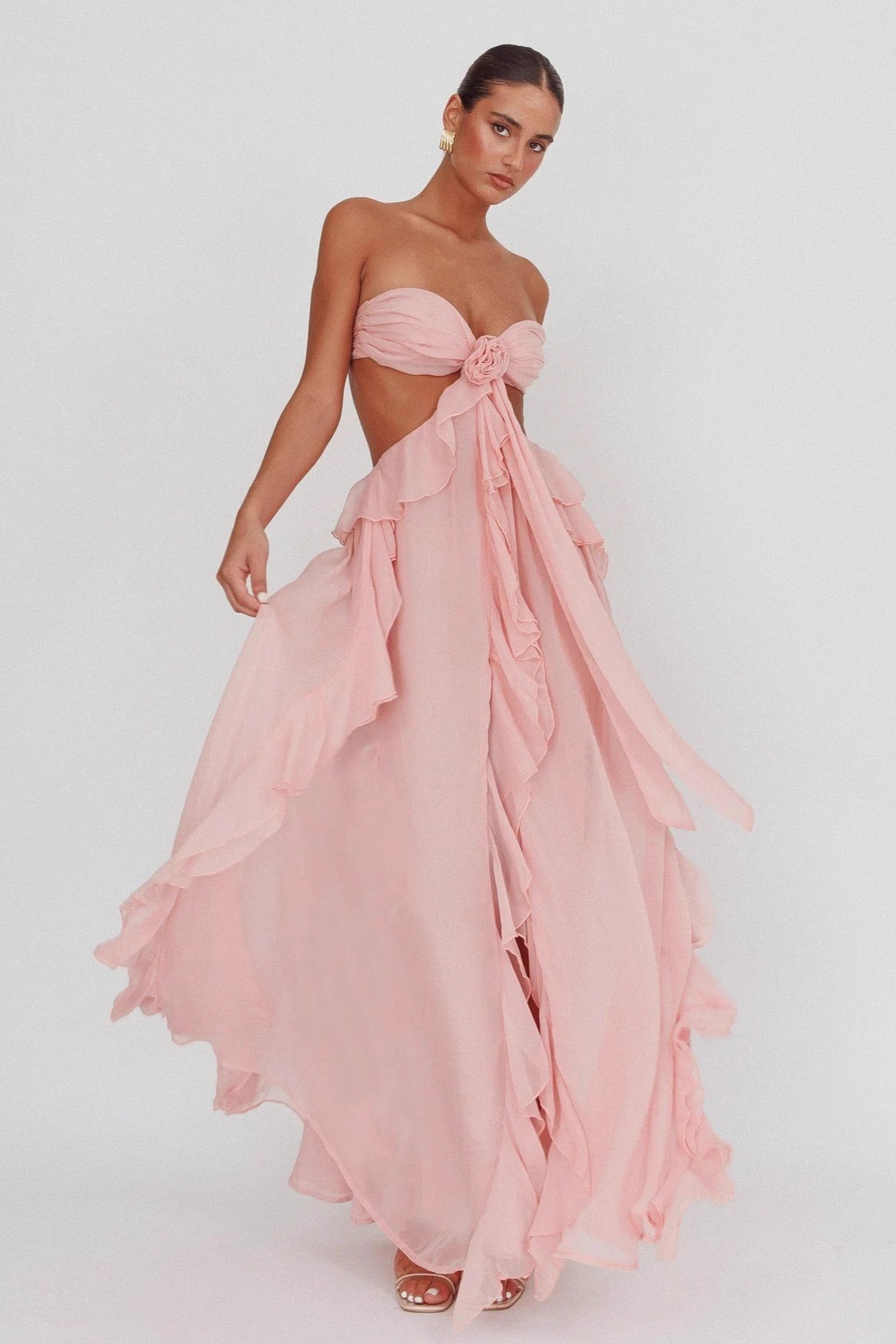 Backless Lace Up Ruffle Strapless Maxi Prom Dress