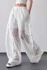 White Lace Cutout Casual Wide Leg Pants