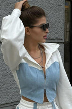 Color Block Casual Hoodie Denim Two Piece Pants Set