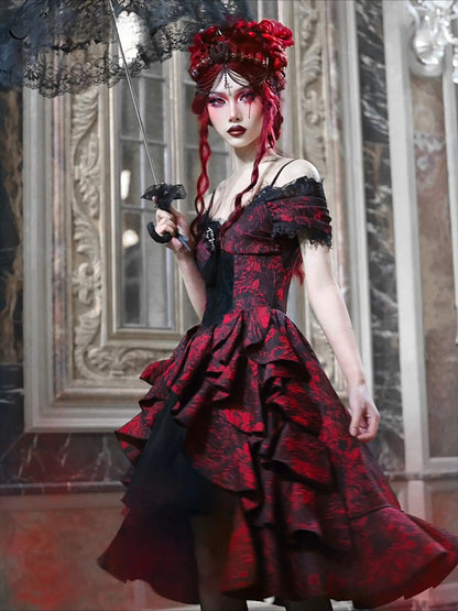 Japanese Lolita Court Style Red Black Off-Shoulder Gothic Wave High-Waist Halloween Autumn Party Dark Dress