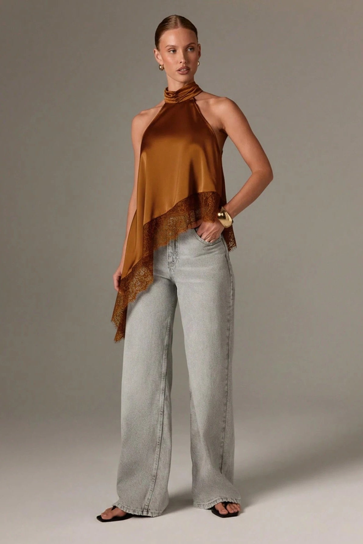 Lace Trim Asymmetric Hem Halter Top