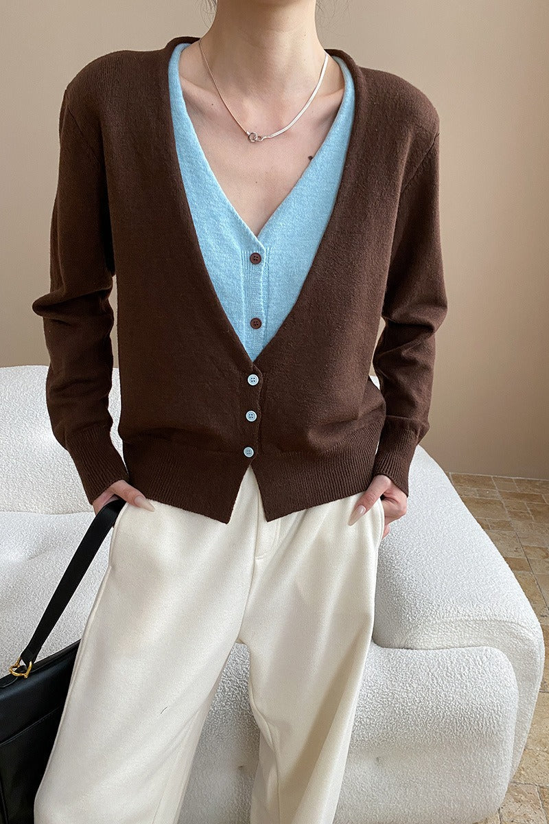 Two-Tone V-Neck Cardigan Brown / One Size Main image