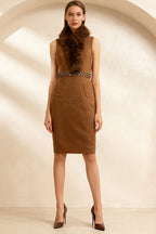 Faux Fur Sleeveless Embellished Midi Dress