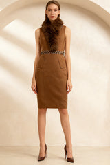 Faux Fur Sleeveless Embellished Midi Dress