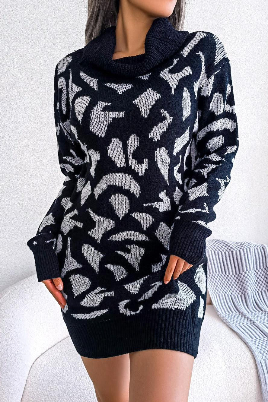 Leopard Turtleneck Sweater Dress S / Black