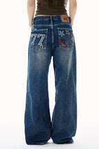 Plus Size Colorful Embroidered Loose Straight Leg Jeans