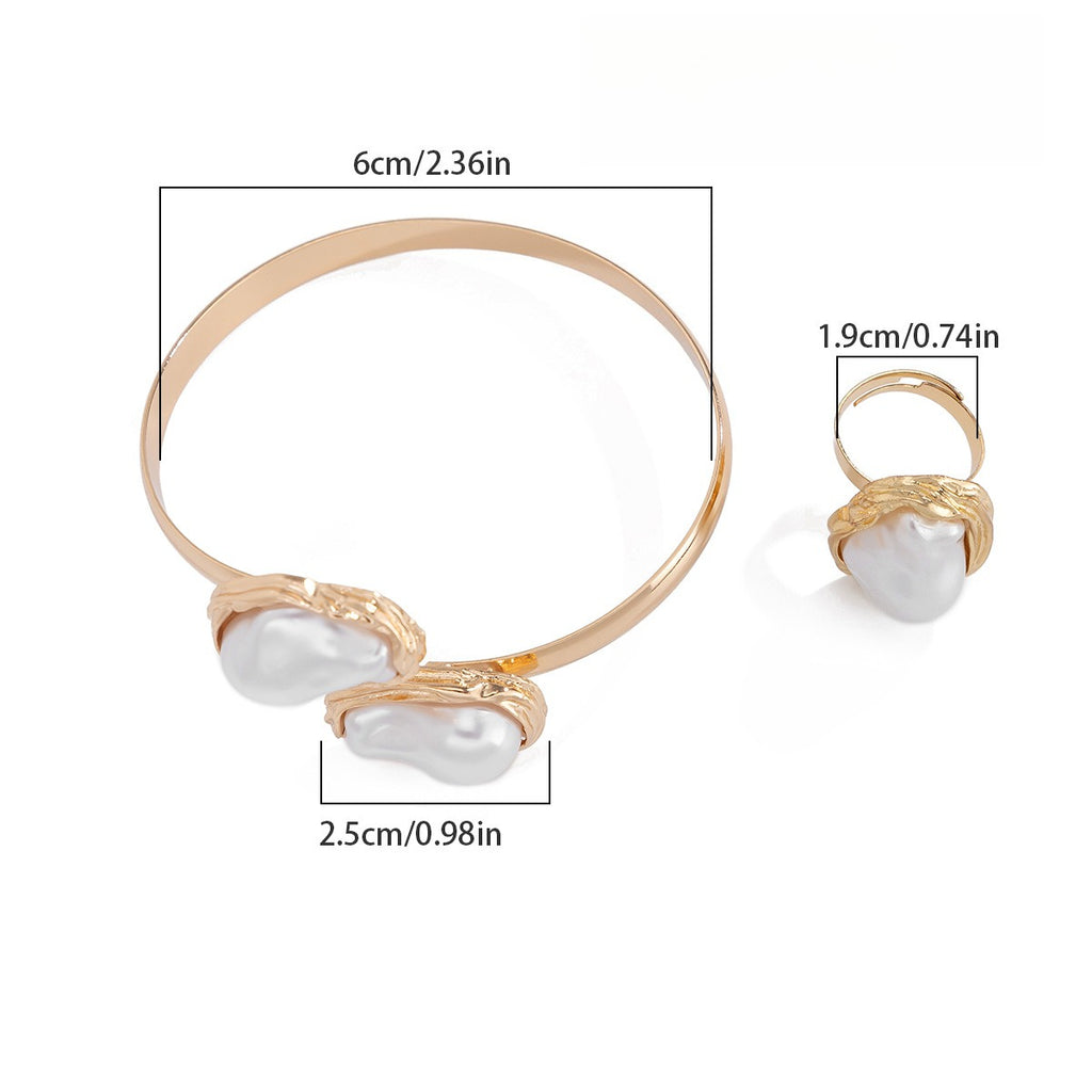 2-Piece Baroque Irregular Pearl Alloy Collar Ring And Bracelet Set