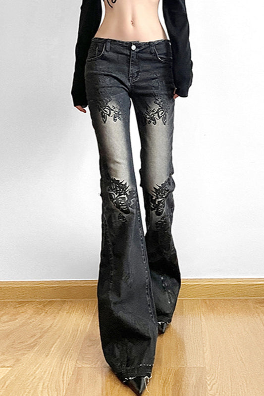 Vintage Plant Print Flared Jeans Black / S Main image