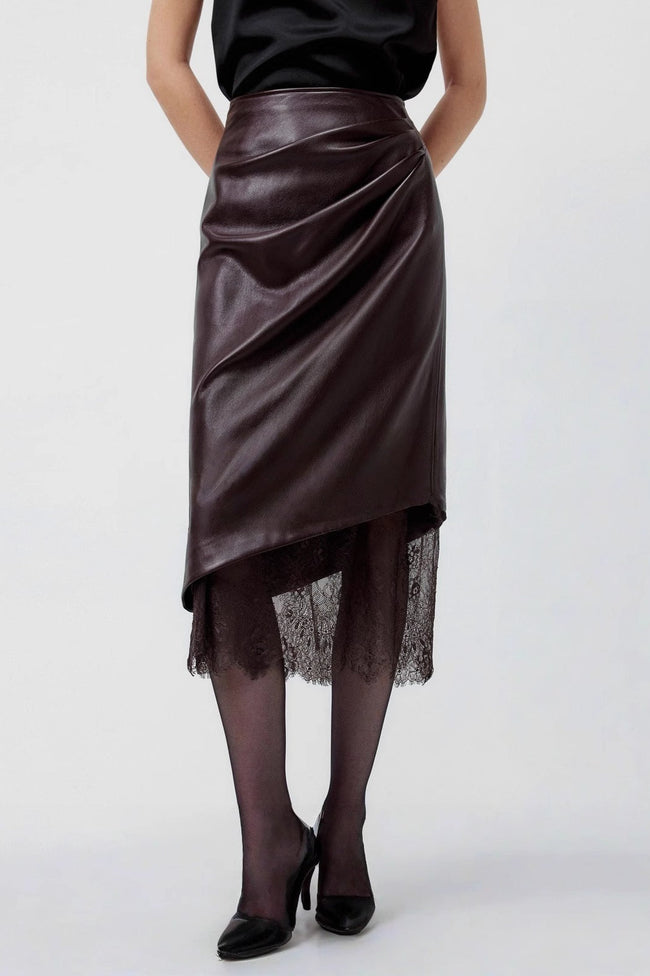 Elegant Lace Trim Leather Skirt Main image