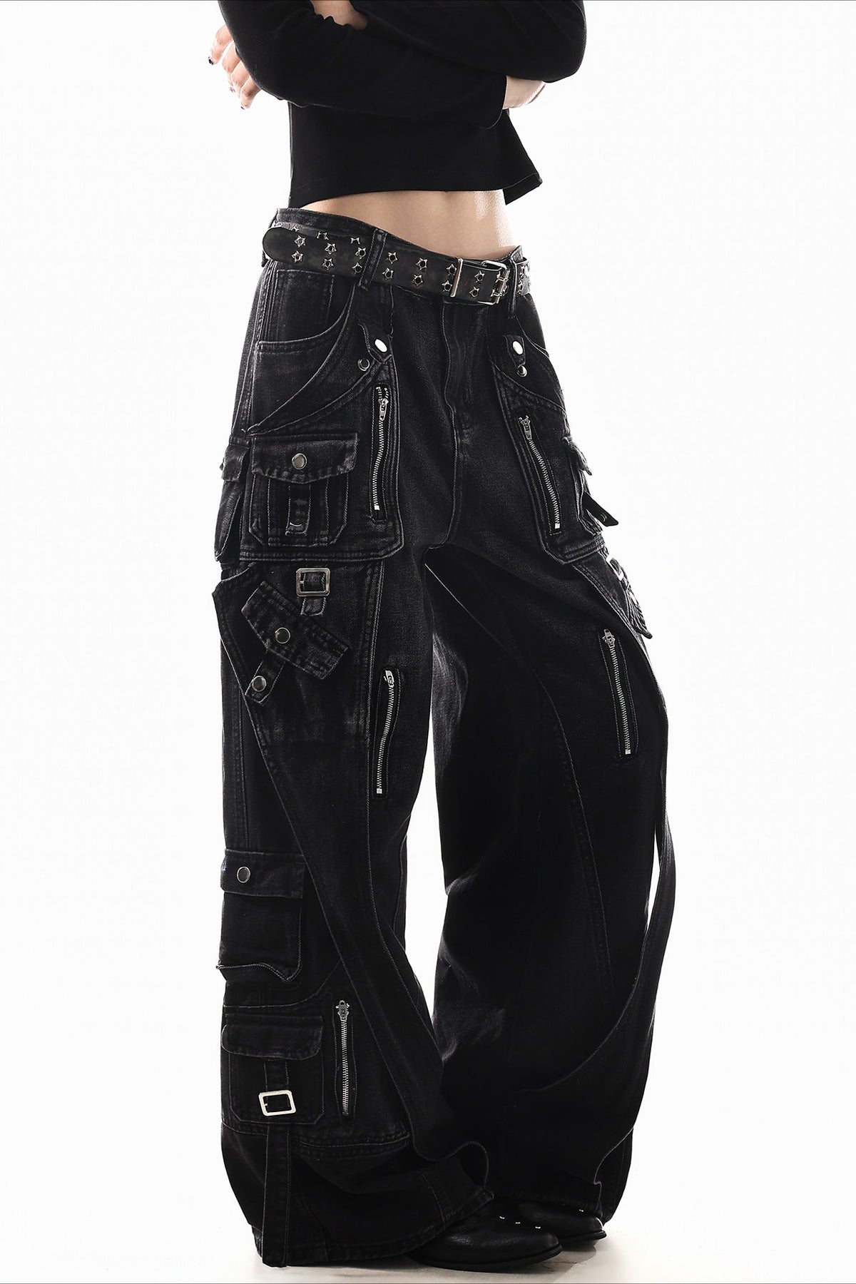 Deconstructed Buckle Cargo Wide Leg Jeans