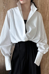 Structured Oversized Lapel V Neck White Blouse