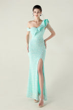 Draped One Shoulder Ruffle Formal Dress S / Blue