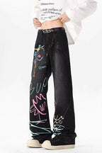 Graffiti Print Baggy Wide Leg Denim Jeans