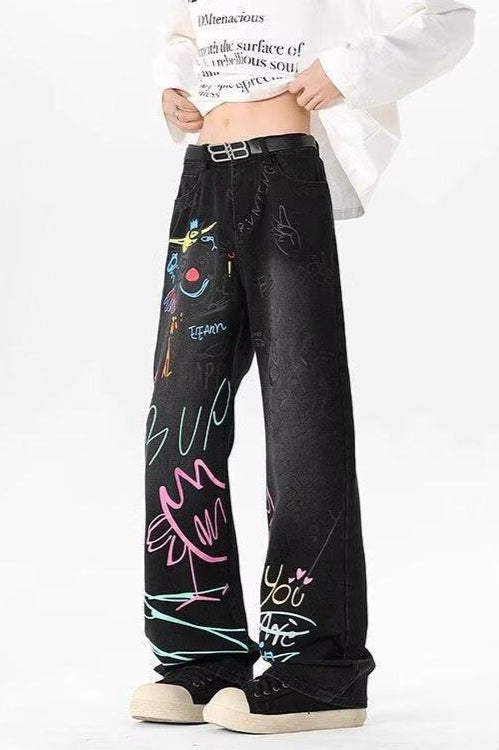 Graffiti Print Baggy Wide Leg Denim Jeans