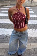 Polka Dot Tie Backless Slim Halter Top