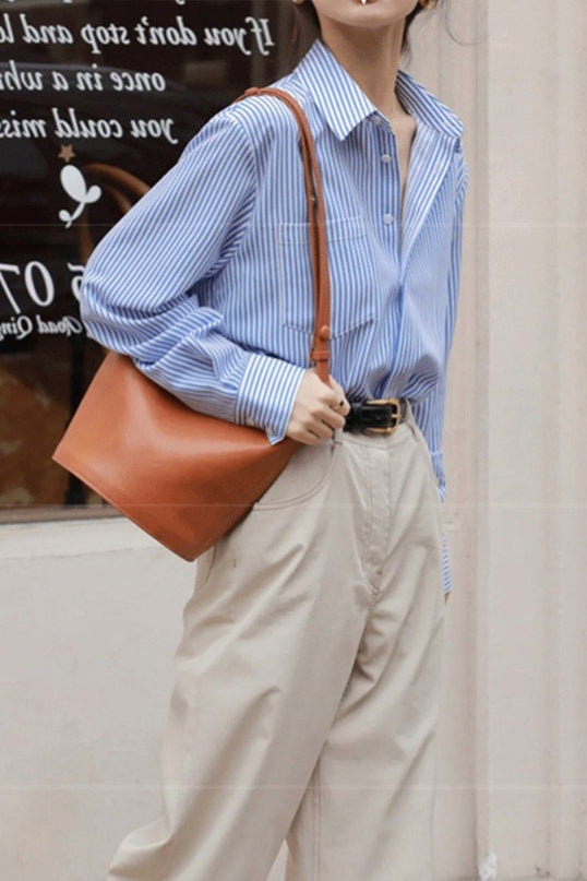 Elegant Blue Stripe Long Sleeve Blouse Main image